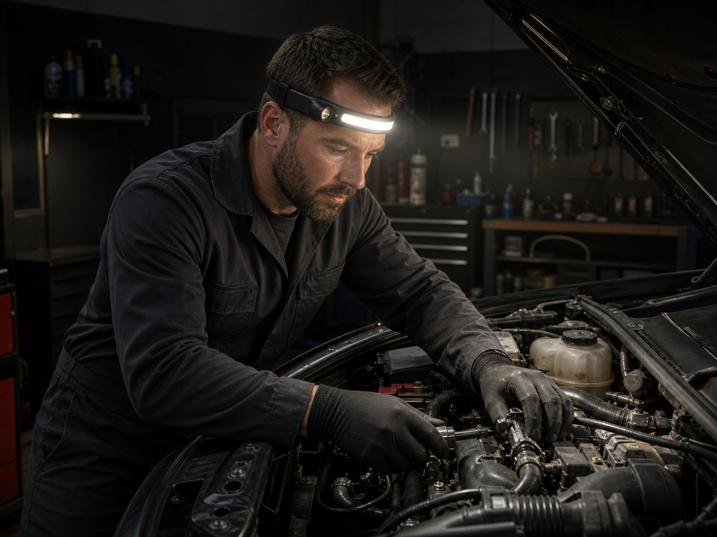 Mechanic working hands-free with the Tilowy panoramic LED headlamp