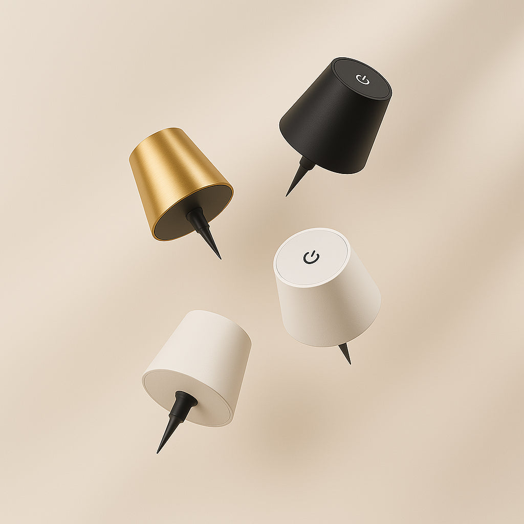 Wireless bottle lamp in black, white and gold